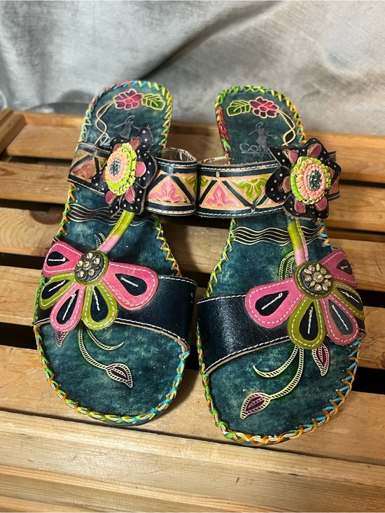 Corkys Shoes - Corkys Women s Teal Floral Slide Heeled Leather Sandals. Size 11